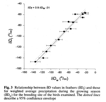 Relationship between hydrogen isotope ratios in feathers and precipitation.