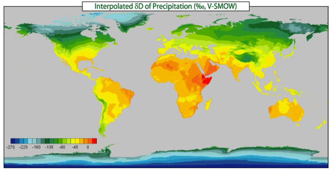 Interpolated Stable Hydrogen Isotope Ratio (δD) of precipitation Map.